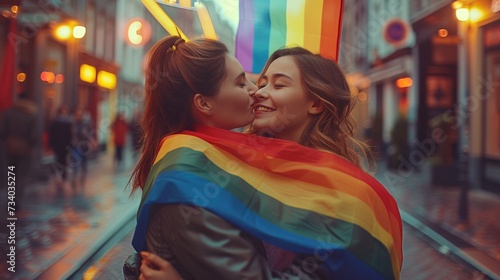 Two lesbian women kiss each other in the celebration of LGBT gay pride month, in the streets of the city