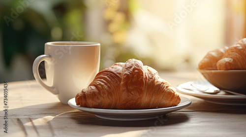 Fresh croissant on plate with cup of coffee on the morning breakfast