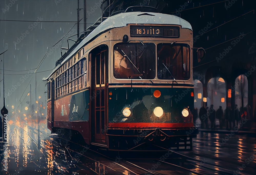Oil painting style illustration, generative Ai, old tram