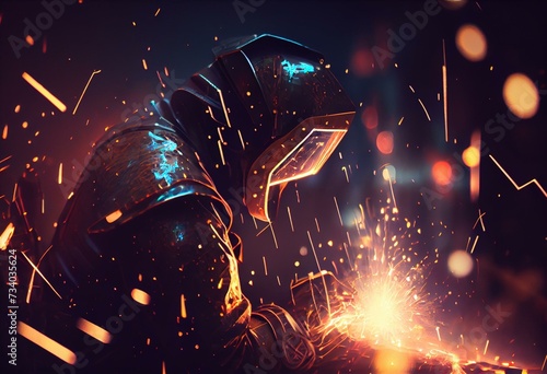 illustration of welder is welding metal , industry them bokeh and sparkle background, Generative Ai photo
