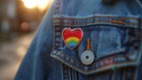 Gay and LGBT+ pride flag pin with rainbow on a jean jacket pocket