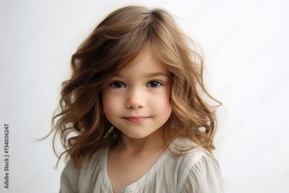 Portrait of a cute little girl with long curly hair on a white background Portrait of a cute little girl with long curly hair on a white background