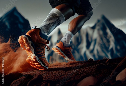 detail of legs with sneakers of a runner in the mountains. generative ai