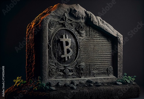 Crypto bitcoin death concept with tomb stone. Generative AI