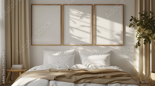Tranquil Bedroom Interior with Golden Morning Sunlight and White Linen