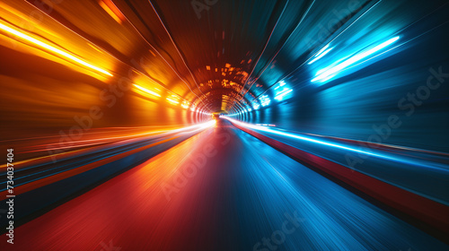 Abstract empty road tunnel with colorful light lines.