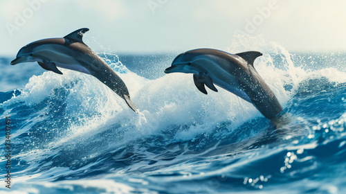 Playful dolphins jumping over breaking waves. © Bitz