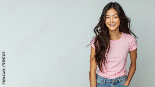 Asian woman wear pink t-shirt smiling isolated on gray background