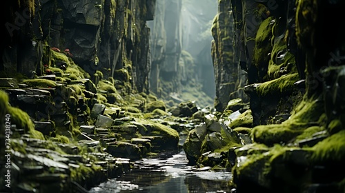 A patch of moss-covered rocks, highlighting the soft, velvety texture of the moss against the rugged stones