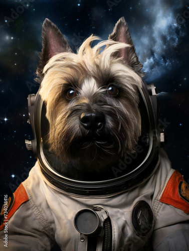 Funny cairn terrier Dog Astronaut Portrait. Generative AI.