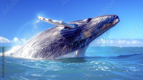 a whale of a time,humpback whale is breaching the sea surface, with water droplets around it, under a sunny sky © weerasak