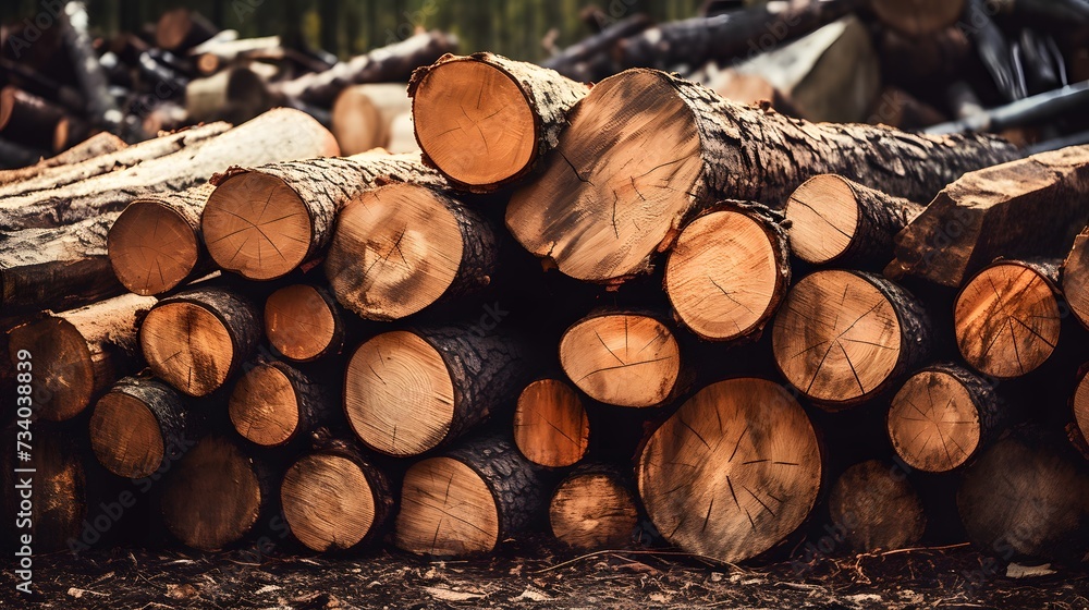 Stacks of freshly cut, amber-toned logs are piled up, showcasing the raw materials of the timber industry.

