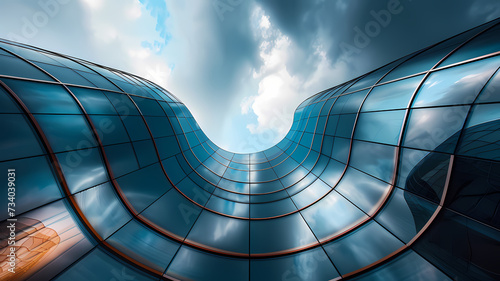 Modern Architecture Skyscraper With Curved Facade Against Blue Sky