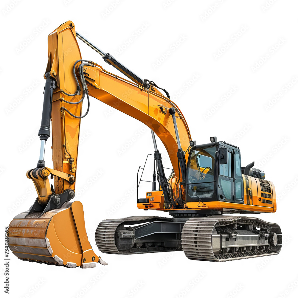 Yellow Hydraulic Excavator with Articulated Arm and Tracked Chassis on Transparent Background