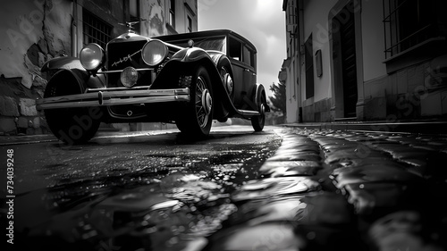 Vintage Classic Car Roadster on Cobblestone Street in Black and White photo