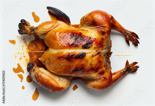Close up and top view of roasted chicken on white background. Generative AI