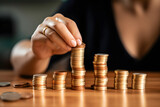 Close-Up einer Frau, die Münzen stapelt, Finanzplanung, erstellt mit generativer KI