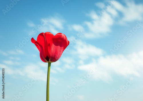 Red Tulips Against Blue Sky  Vibrant red tulips bloom  reaching towards the clear blue sky  with soft white clouds in the background  embodying the freshness of spring.
