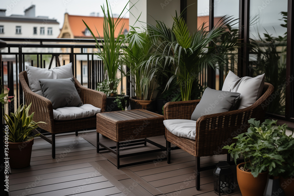 cozy patio balcony, seating area with wicker furniture and many plants