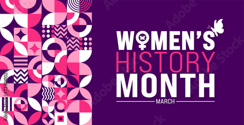 March is Women’s History Month geometric shape pattern  background template with women vector and women icon sign design. use to background, banner, placard, card, and poster design template.