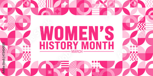 March is Women’s History Month geometric shape pattern  background template with women vector and women icon sign design. use to background, banner, placard, card, and poster design template.