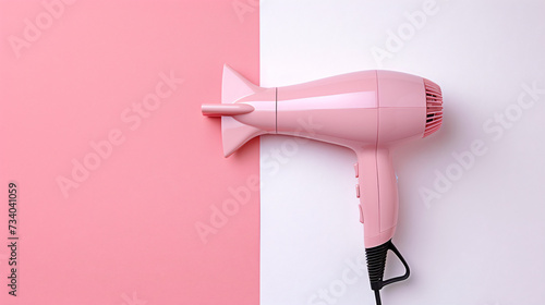 Pink hair dryer on a pink and white background.