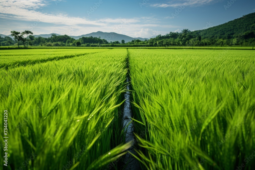 Vibrant green rice paddy fields with a pathway leading towards the mountains under a clear blue sky.