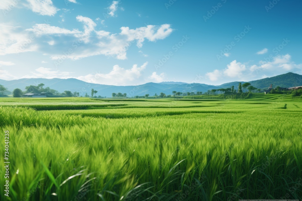 Vibrant green rice paddy fields with a pathway leading towards the mountains under a clear blue sky. Vibrant green rice paddy fields with a pathway leading towards the mountains under a clear blue sky.