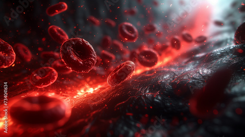 16:9 ratio image, simulation of Hemoglobin inside human blood vessels flowing from wounds caused by accidents or diseases.