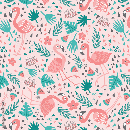 Vector seamless tropical pattern with pink flamingo, palm leaves, watermelon and pineapples. Summer tropical illustration. Trendy design for summer fashion textile prints and backgrounds.