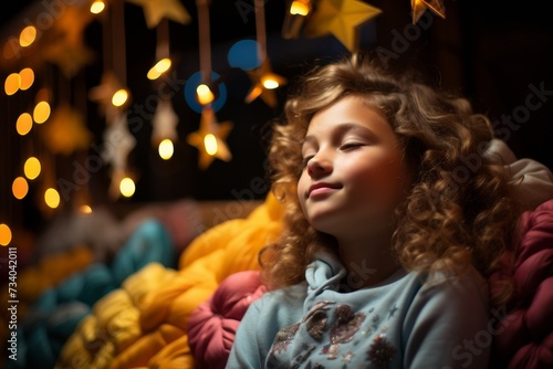 A young girl with curly hair dreams peacefully amidst a backdrop of twinkling festive lights.