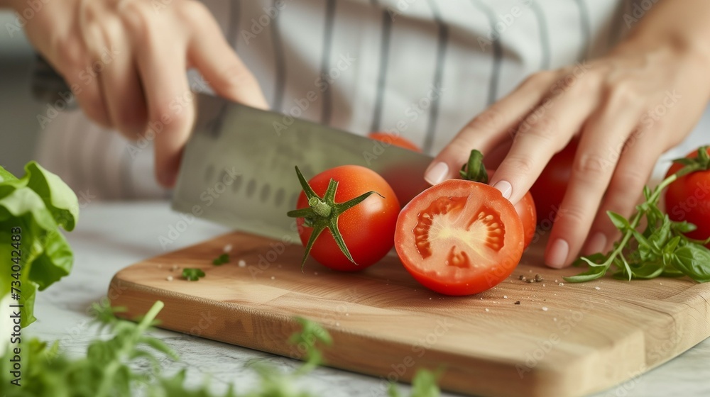 Women's hands chop fresh tomatoes with a knife on a cutting board at the kitchen table