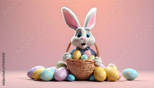 3d model of a white Easter bunny on a peorple pastel matte background. with colorful Easter eggs in a basket. Easter