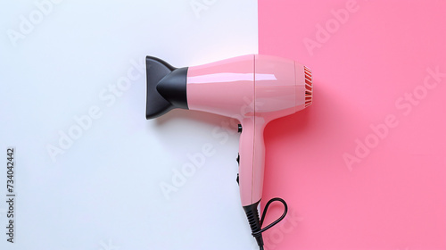 Pink hair dryer on a pink and white background.