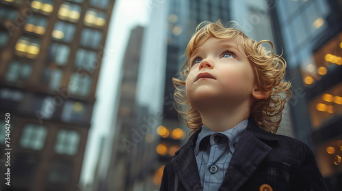 A childs photo of a future self dressed in a business suit standing confidently in front of a skyscraper The scene signifies the power of dreaming big nurturing aspirations
