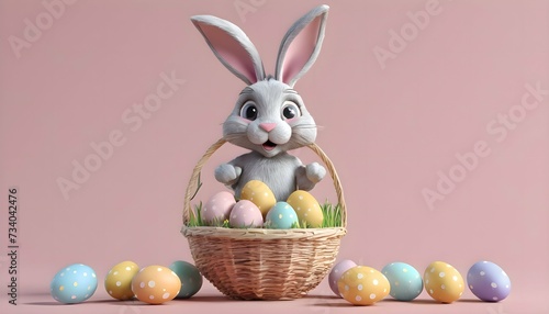3d model of a white Easter bunny on a pink pastel matte background. with colorful Easter eggs in a basket. Easter