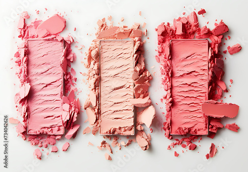 a row of three blushes in pink and coral in the style