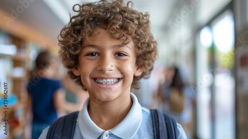 Closeup portrait of smiling smart curly haired school boy wearing braces on teeth looking at camera Education concept