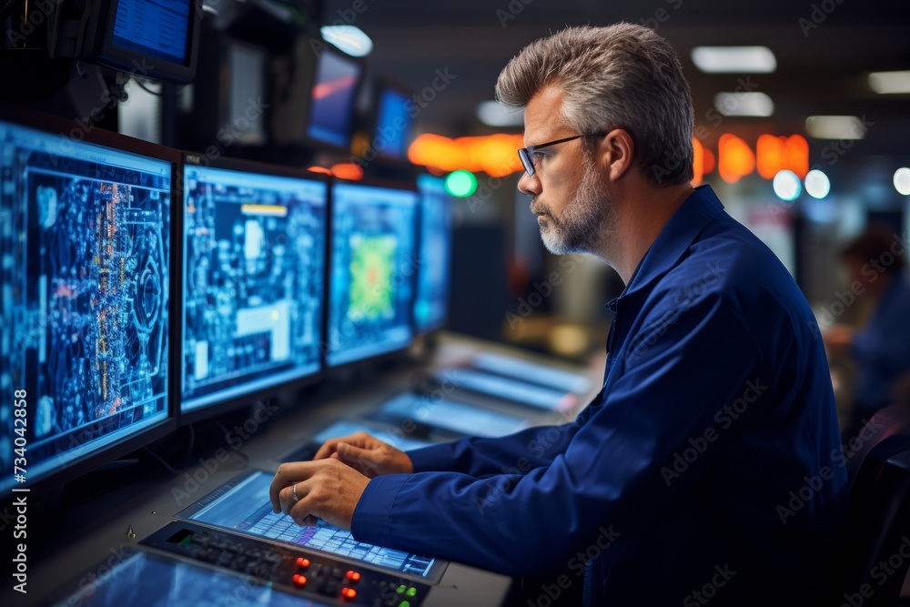 Engineer analyzing complex data on multiple computer screens in a high-tech control room. Engineer analyzing complex data on multiple computer screens in a high-tech control room.