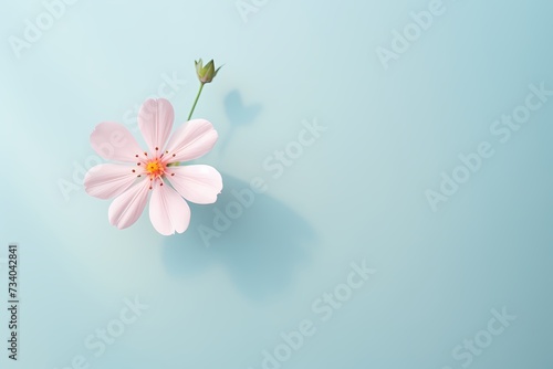 Captivating top-down shot of a small flower on a lively pastel surface  ideal for incorporating personalized text.