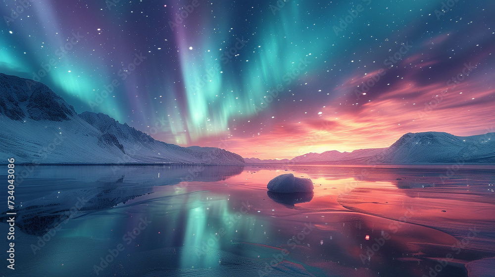Spectacular aurora over mountain peaks in icy landscapes