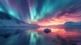 Spectacular aurora over mountain peaks in icy landscapes