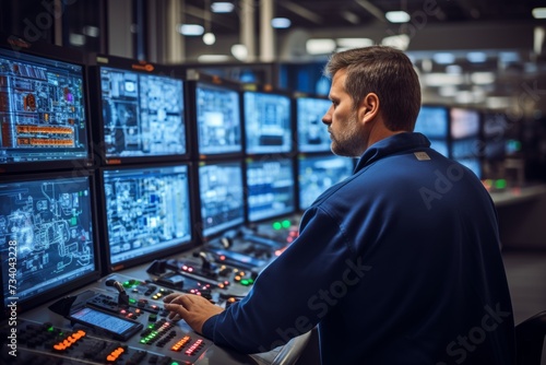 Engineer analyzing complex data on multiple computer screens in a high-tech control room.