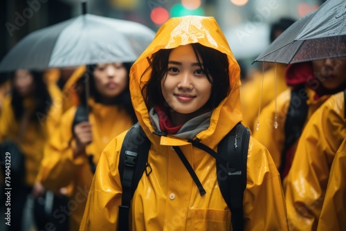 A young woman wearing a yellow raincoat with an umbrella among a crowd of commuters on a rainy day.