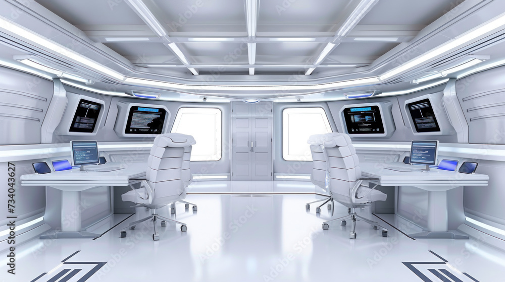 A sleek, modern meeting room equipped with high-tech computers and ergonomic chairs A sleek, modern meeting room equipped with high-tech computers and ergonomic chairs
