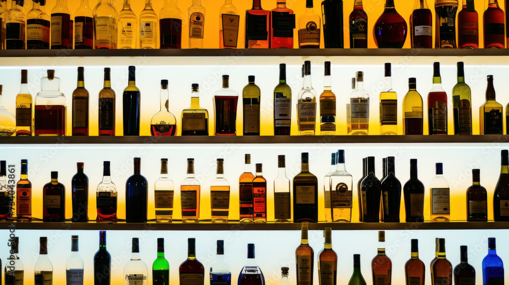 A lot of different bottles sitting on bar shelf, back light