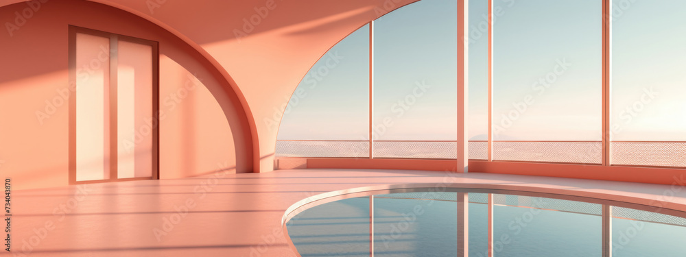 Fototapeta premium Coastal architecture with Peach Fuzz color Walls, minimalist background