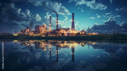 Power plant with smokestacks reflecting on water, showcasing industrial energy production.