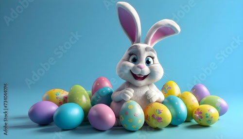 3d model of a white Easter bunny on a blue pastel matte background. with colorful Easter eggs. Easter holiday