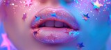 closeup woman's lip with make up pink blue neon star, Generative Ai